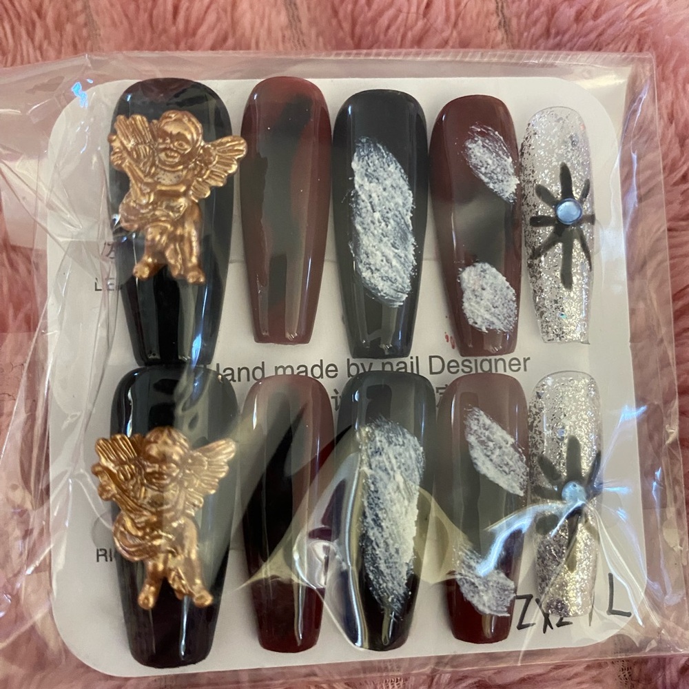 Black and Red Nail Set with Gold Angel Accents
